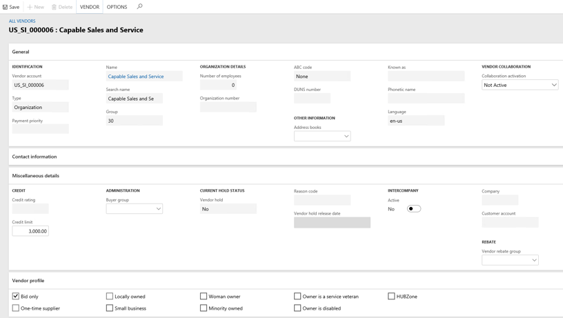 Here, the Credit Limit field is editable but the Credit Rating field is not.