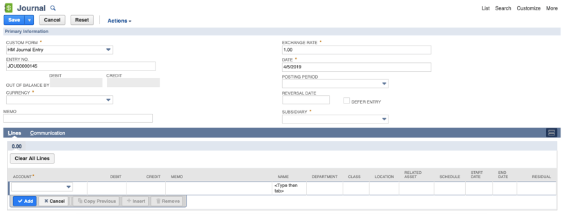 NetSuite Journal Entry